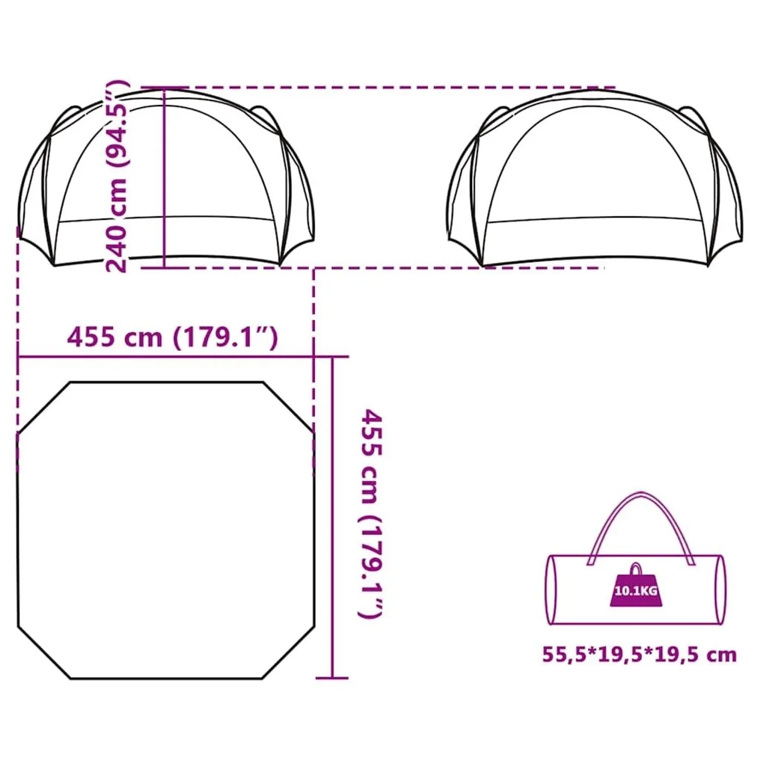 Maße des Partyzelts: 455x455x240 cm. Packmaß 55,5x19,5x19,5 cm, 10,1 kg. Technisches Diagramm des Pavillons.