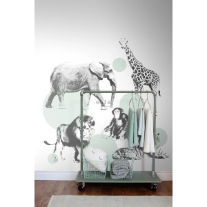 ESTAhome Fototapete Tiere Mintgrün mit Elefant, Löwe, Giraffe und Affe im Kinderzimmer.