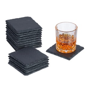 Relaxdays 16er Set Glasuntersetzer Schiefer Anthrazit Rutschfest 10 cm x 10 cm x 1 cm