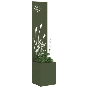 Olivgrüner vidaXL Garten Sichtschutz mit Pflanzenkasten und dekorativen Aussparungen.