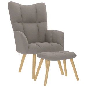 Taupe Relaxsessel mit Hocker, Stoffbezug und Holzfüßen. Gemütlicher Loungesessel für entspannte Stunden.