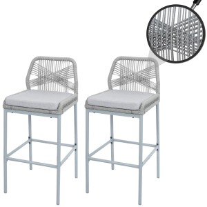 Proregal 2er-Set Rope-Barhocker HxBxT 101x45x52 cm Sitzhöhe 76cm Hellgrau Kissen Hellgrau Outdoor Sitzpolster Seilgeflecht Metall