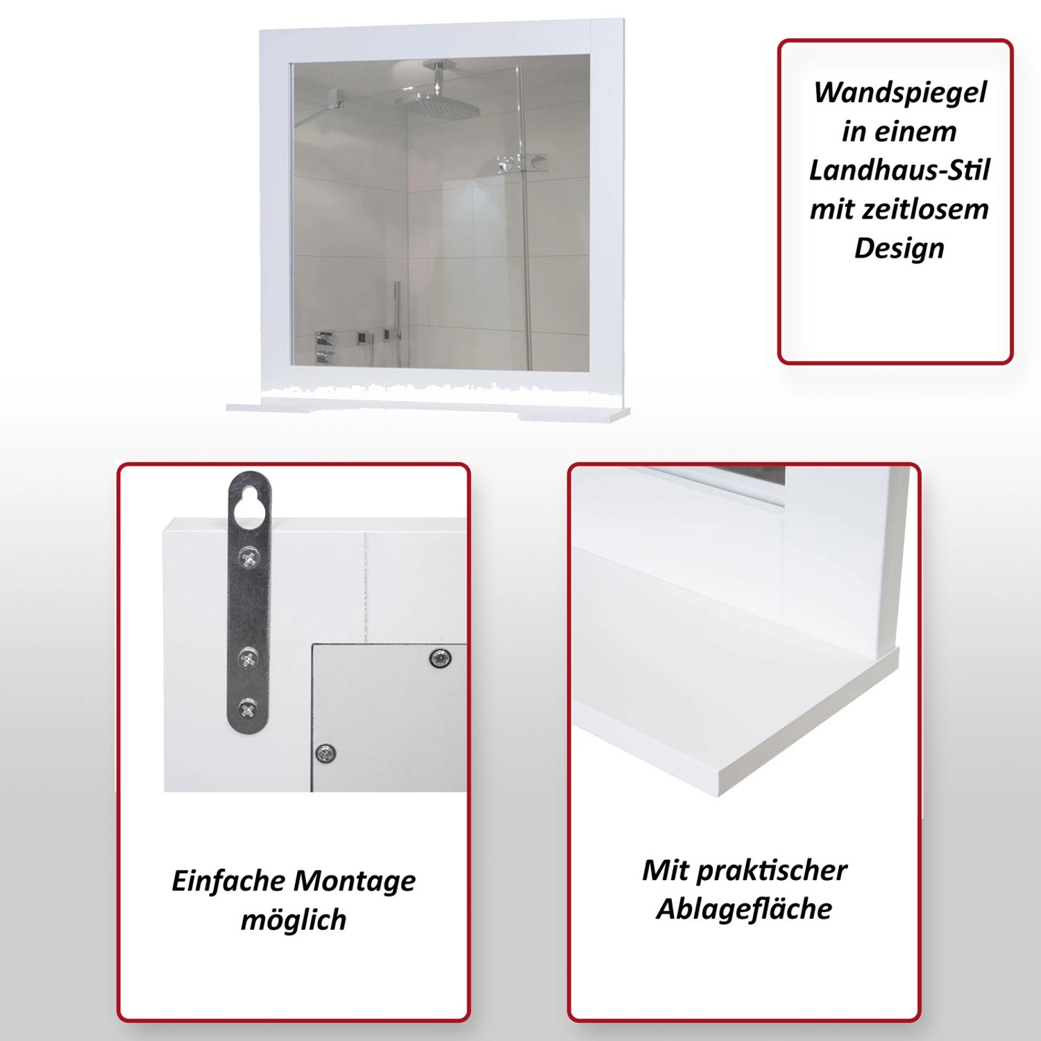 MCW Wandspiegel F75 in Weiß mit Ablagefläche für Badutensilien.