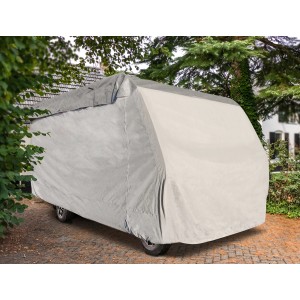 Graue Wohnmobil-Schutzhülle (650x235x270 cm) schützt vor Witterung und Schmutz.