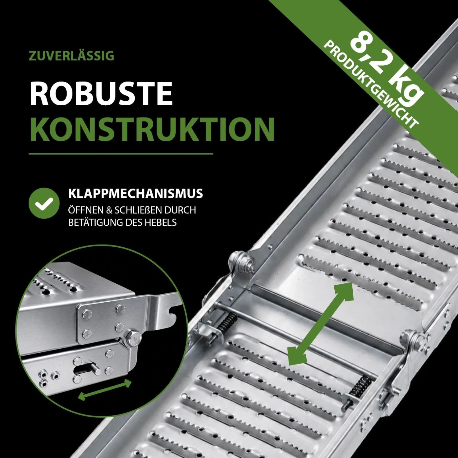 TRUTZHOLM Klapprampe aus grauem Stahl, geriffelt, mit robustem Klappmechanismus. Zubehör für Autoanhänger.