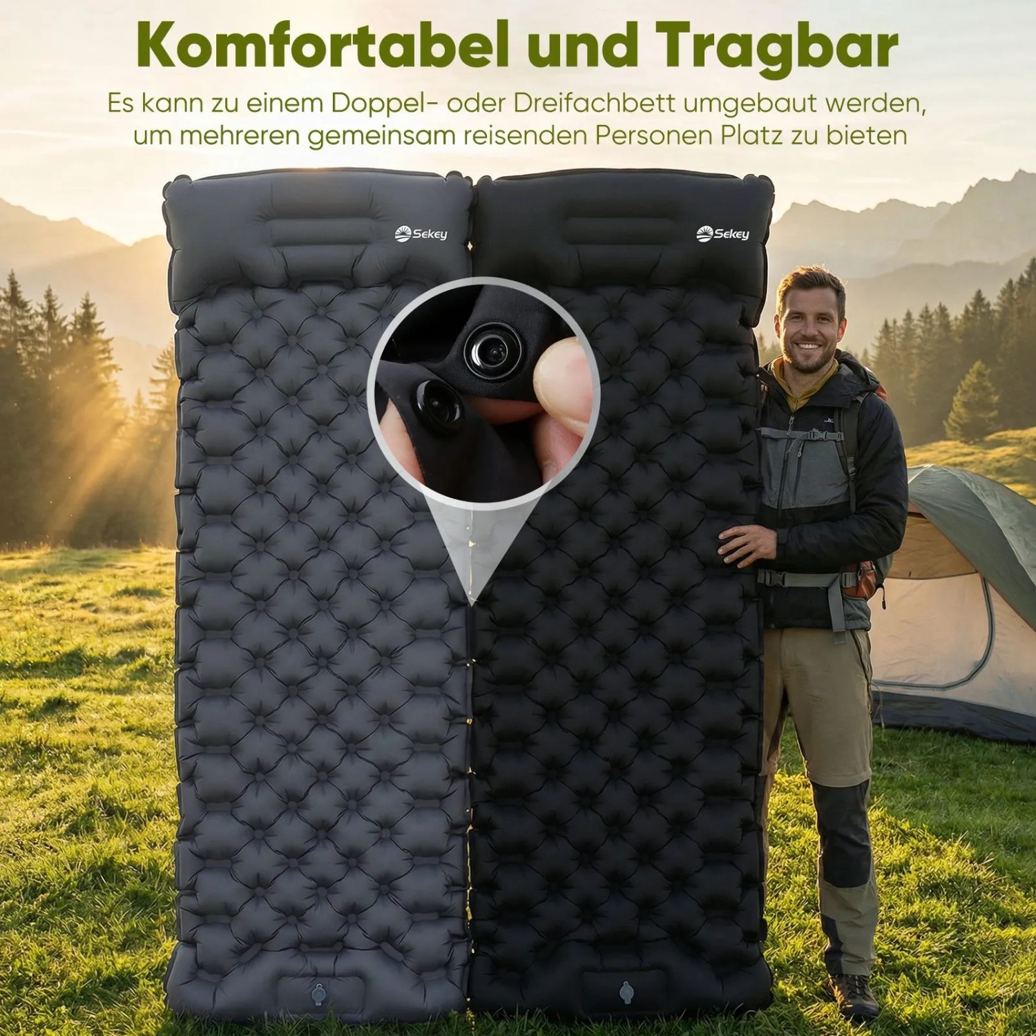 Zwei Sekey selbstaufblasende Isomatten, grau und schwarz, mit Kissen, im Camping-Umfeld. Sie sind koppelbar für mehr Liegefläche.