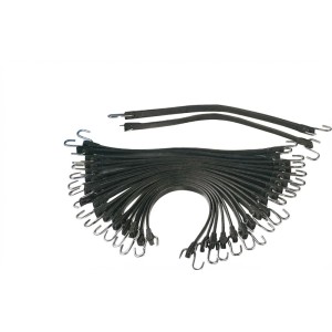 Set aus 20 schwarzen Planenspannern mit Metallhaken zur Fixierung von Abdeckplanen und Ladungen.