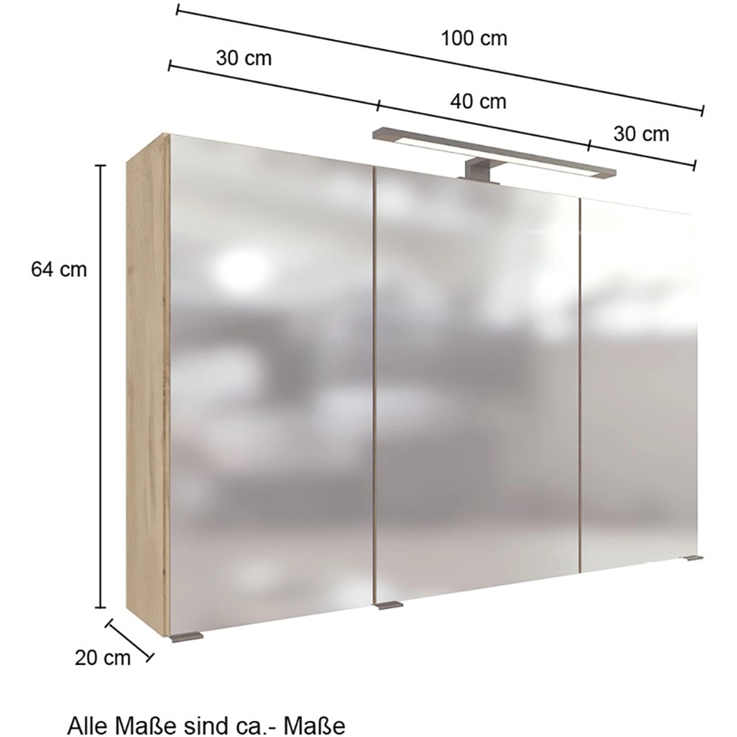 Held Möbel Spiegelschrank Florenz 100 cm in Wotaneiche mit LED-Leuchte.