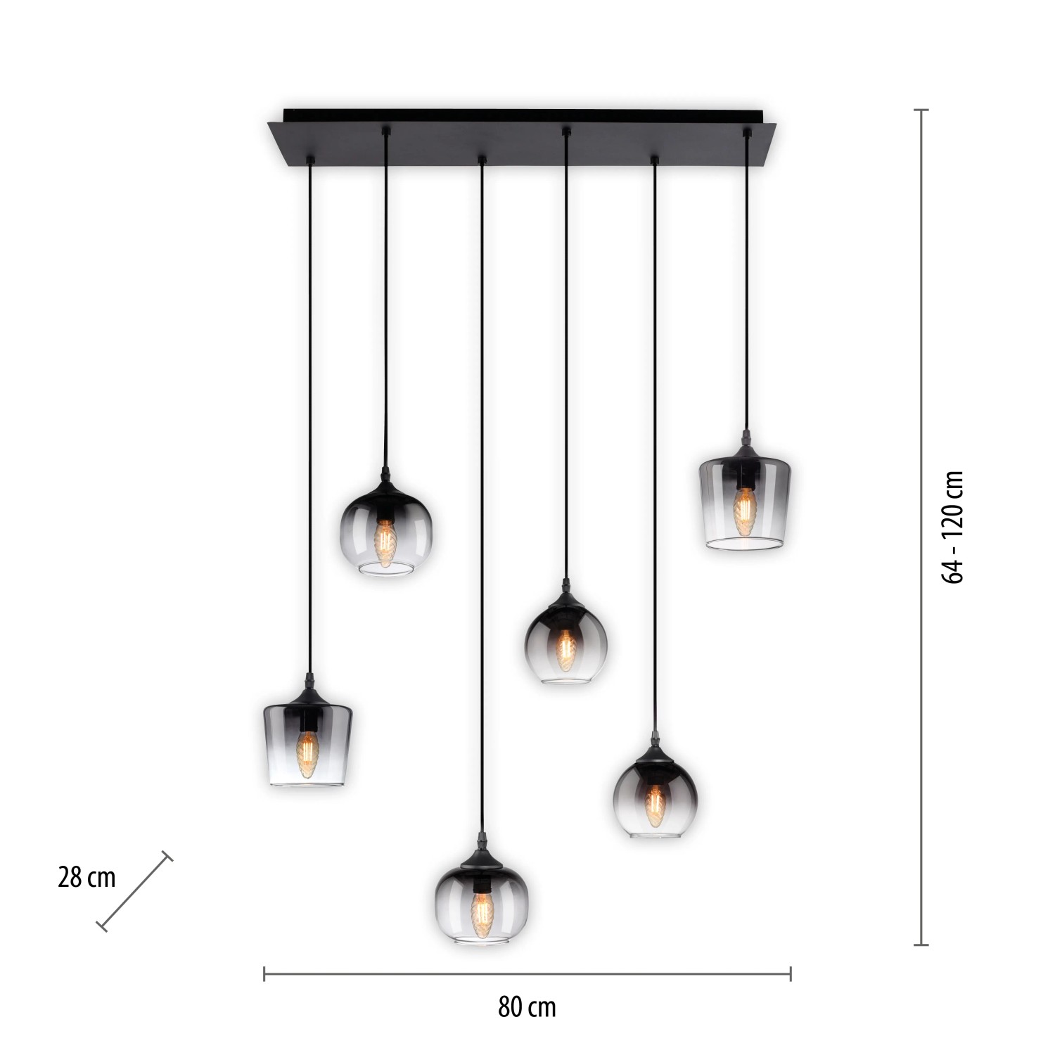 Schwarze 6-flammige Pendelleuchte Zea mit Rauchglas-Schirmen in verschiedenen Formen.