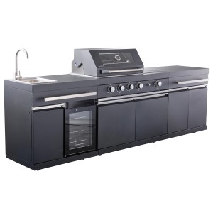 Buschbeck Outdoorküche King Range, 112x282x58cm, schwarz, mit Grill, Spüle und Getränkekühlschrank.