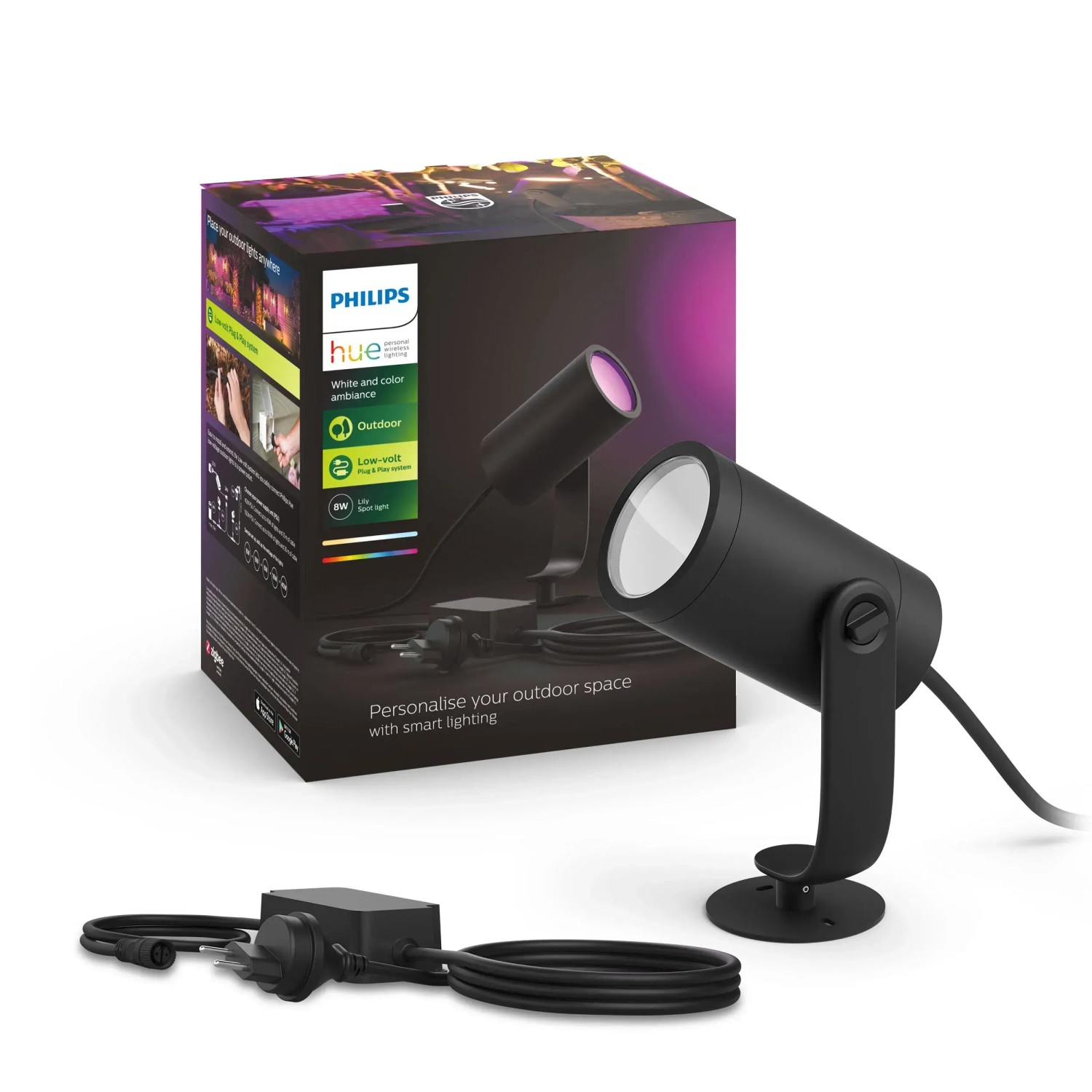 Philips Hue Lily LED-Spot Basis-Set, 3-flammig, schwarz. Außenleuchte mit Farbwechsel und Zubehör.