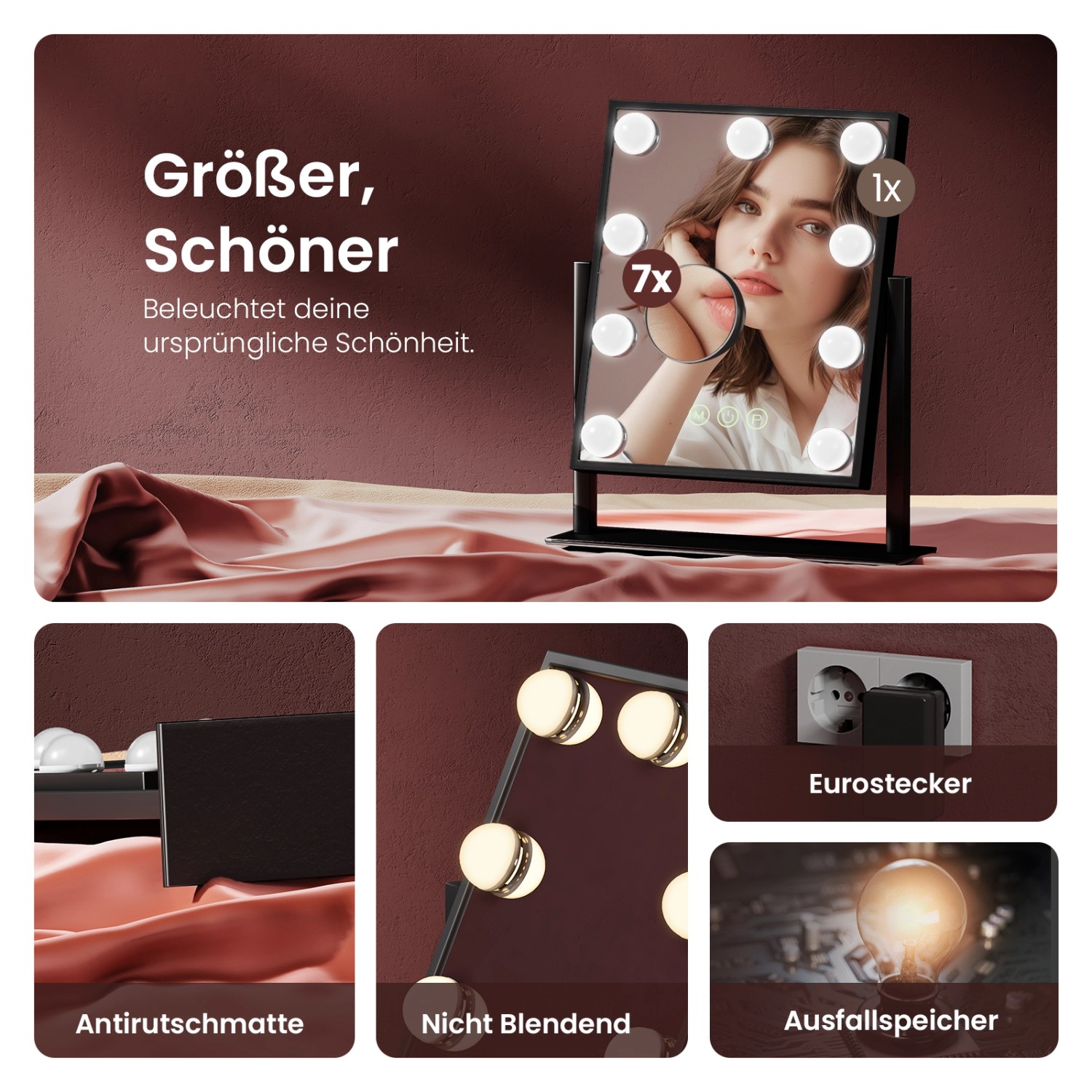 Emke Hollywood Kosmetikspiegel mit 7x Vergrößerung und Beleuchtung.
