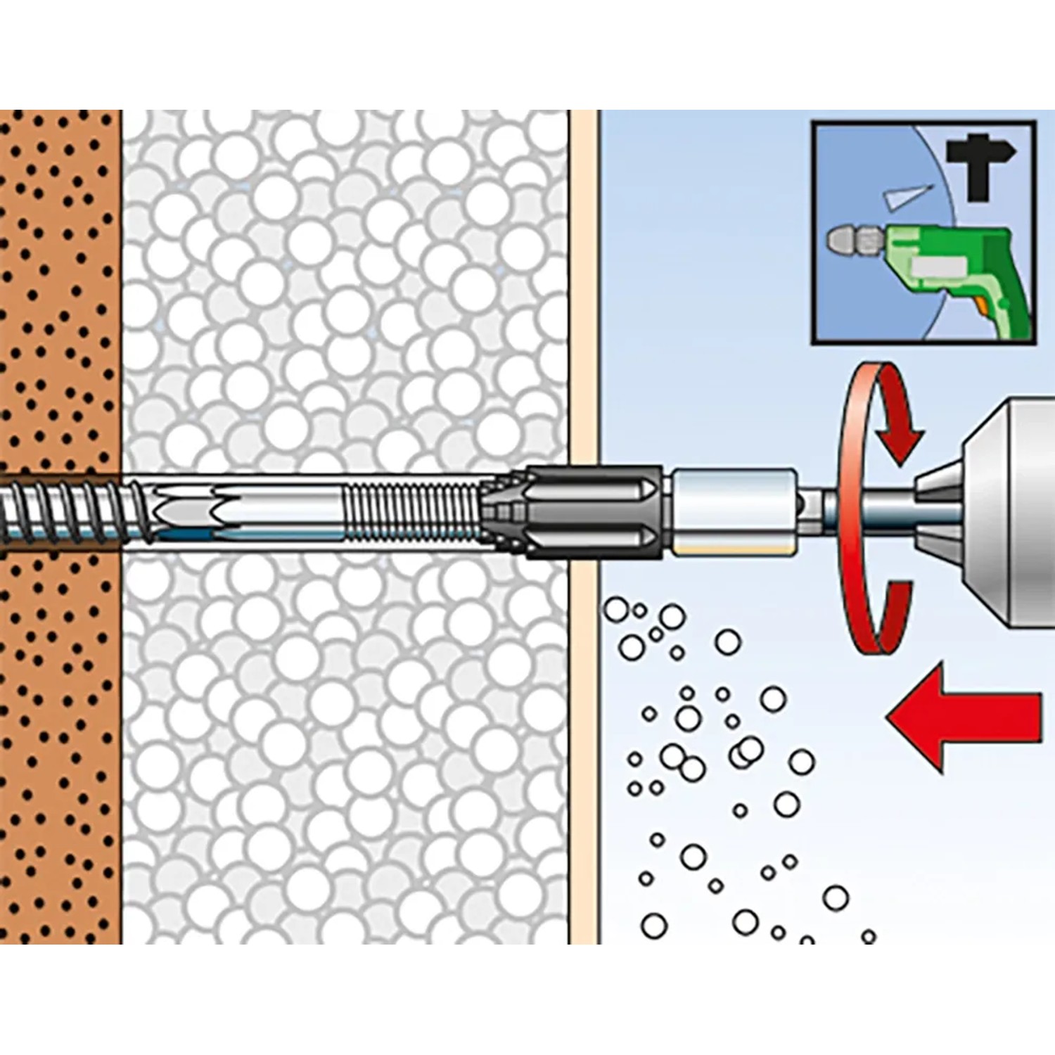 Abstandsmontagesystem Thermax 10/140: Dübel wird in gedämmte Fassade geschraubt.