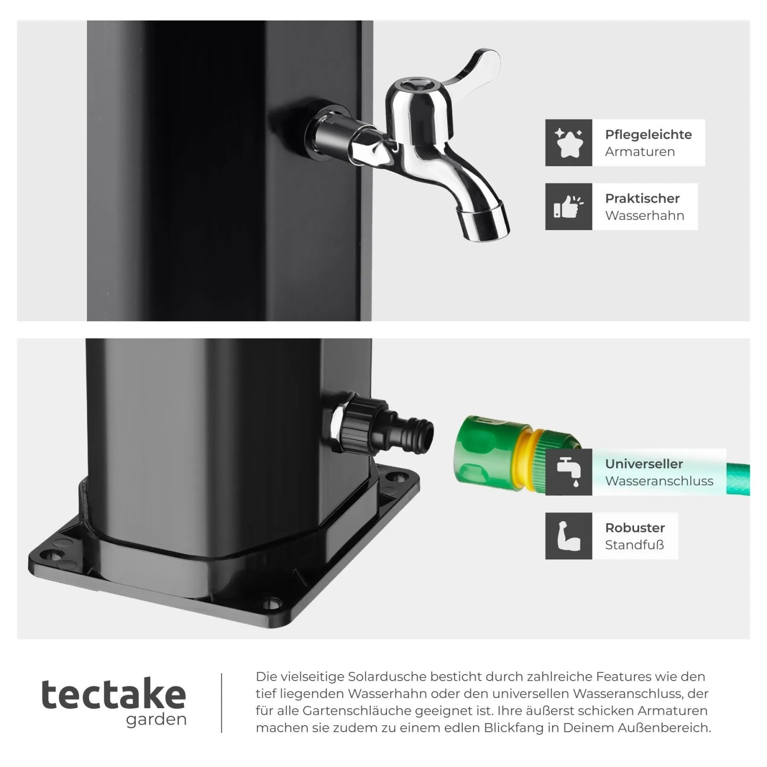 Tectake Solardusche Ofanto, Detailansicht Armaturen und Wasseranschluss.