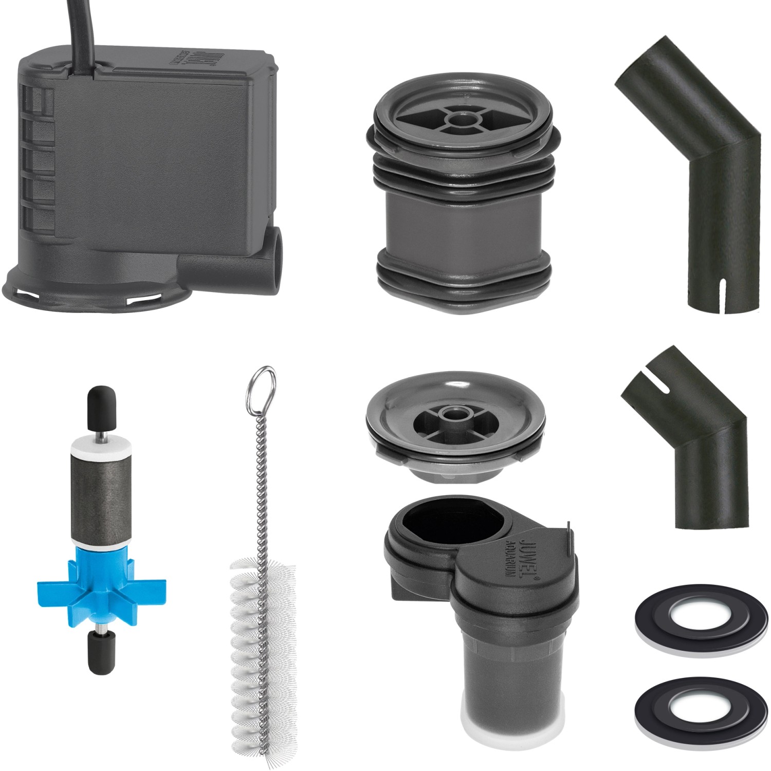 Juwel Aquarium Pumpe Eccoflow 1500 mit Zubehör, wie Düsen, Rotor, Bürste und Dichtungen.