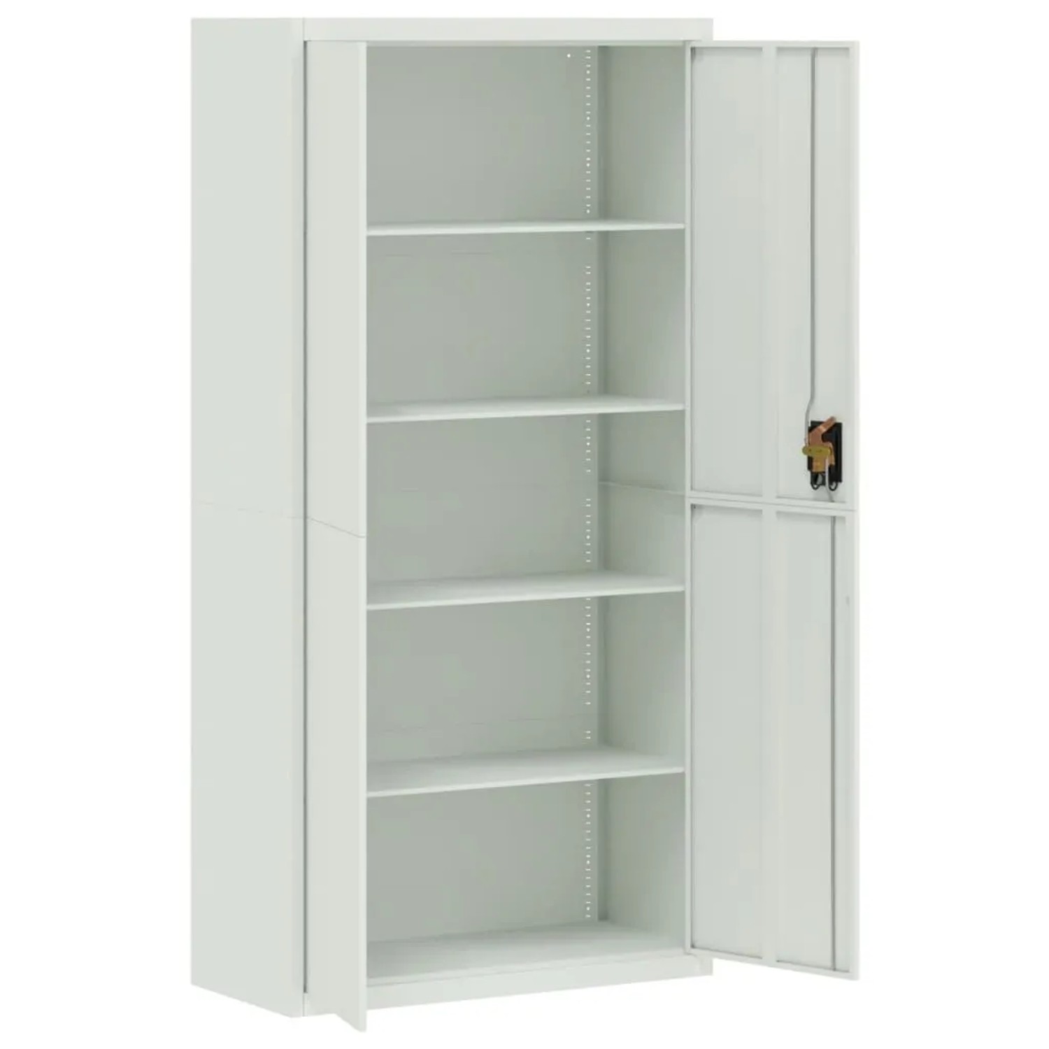 Hellgrauer vidaXL Aktenschrank aus Stahl (90x40x220 cm) mit offenen Regalböden.