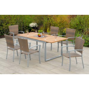 Merxx Savona Gartenmöbel-Set, 7-teilig: Ausziehbarer Gartentisch mit 6 Stapelsesseln aus Kunststoffgeflecht.