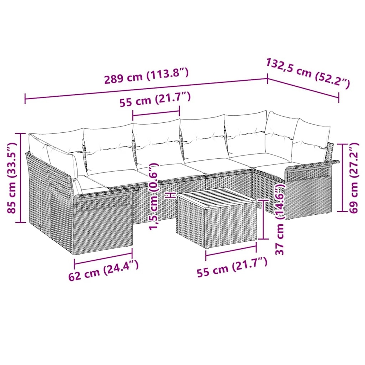 Beiges 8-teiliges Garten-Sofa-Set aus Poly Rattan mit Tisch und modularem Design.