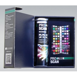 JBL ProScan Aquarium Wassertester Set mit Teststreifen und Farbkarte für die Analyse per App.
