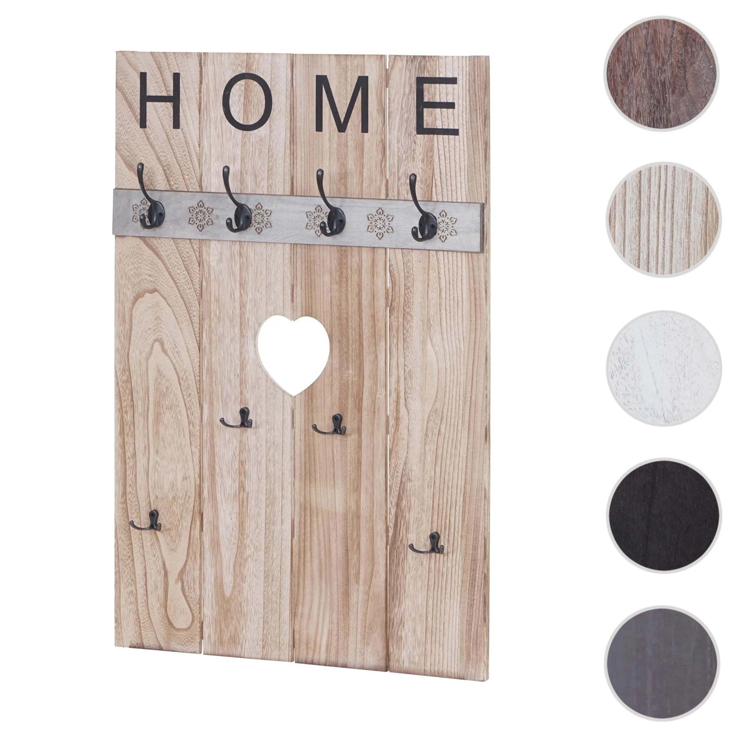 Wandgarderobe C89 im Shabby-Look, naturbraun, mit 8 Haken und Herz-Ausschnitt.