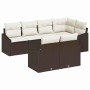 Braunes 7-teiliges Garten-Sofa-Set aus Poly Rattan von vidaXL mit cremefarbenen Kissen.
