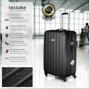 Schwarzes Tectake Hartschalenkoffer Set Cleo, 4-teilig mit Trolleys, Beauty Case, Kofferwaage und Anhänger.