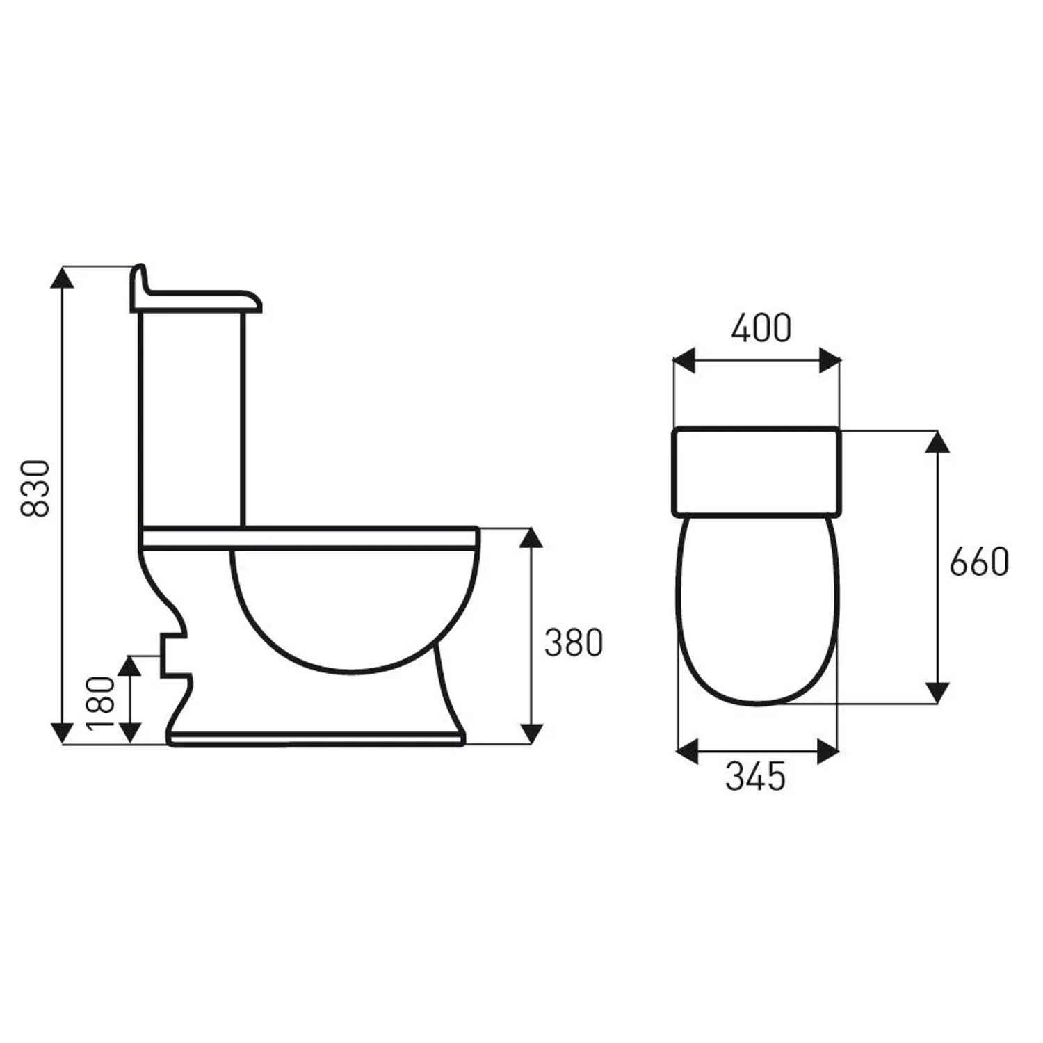 Maßzeichnung Kerra Retro Stand WC Toilette. Seiten- & Draufsicht mit Spülkasten, Soft-Close Sitz & Abmessungen.
