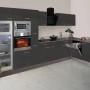 Respekta Winkelküche 370 cm in Grau Seidenglanz mit Eiche York Dekor, inklusive Elektrogeräten.