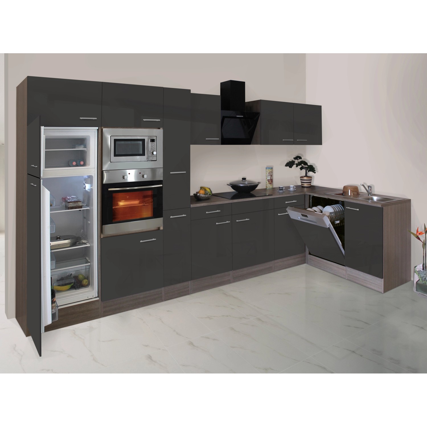 Respekta Winkelküche 370 cm in Grau Seidenglanz mit Eiche York Dekor, inklusive Elektrogeräten.