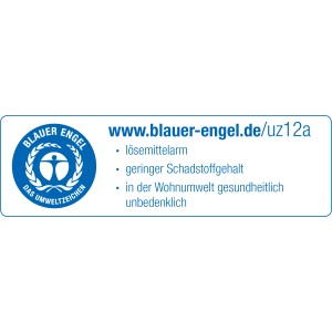 Blauer Engel Umweltzeichen für lösemittelarme Wetterschutzfarbe.