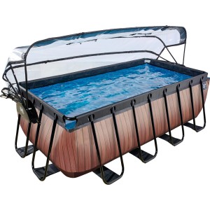 Rechteckiger EXIT Wood Pool 400x200x122 cm mit Abdeckung, Sandfilterpumpe und Wärmepumpe.