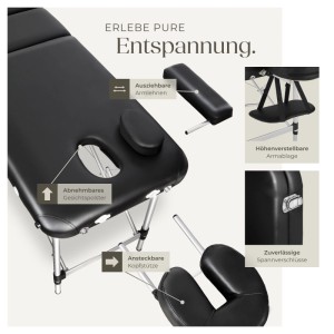 Schwarze Tectake Massageliege mit Zubehör, klappbar und höhenverstellbar.