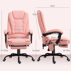Rosa Kunstleder Massagestuhl mit Fußstütze, Lendenkissen und Rollen. Verstellbarer Bürostuhl, Vorder- & Seitenansicht mit Maßen.