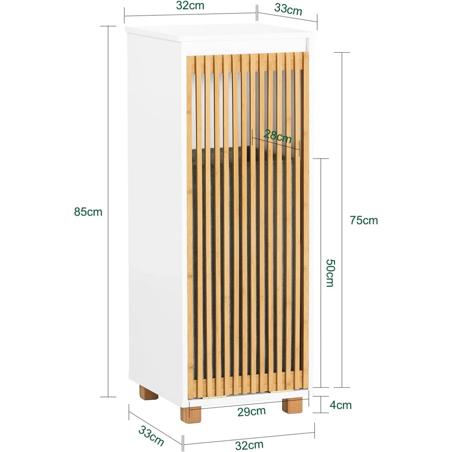 SoBuy Wäscheschrank BZR126-W, weiß mit Bambus-Lamellentür und Wäschesack. Badmöbel-Set.