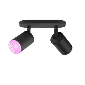 Schwarze Philips Hue Fugato Deckenleuchte mit 2 Spots, Farbwechsel für smarte Beleuchtung.