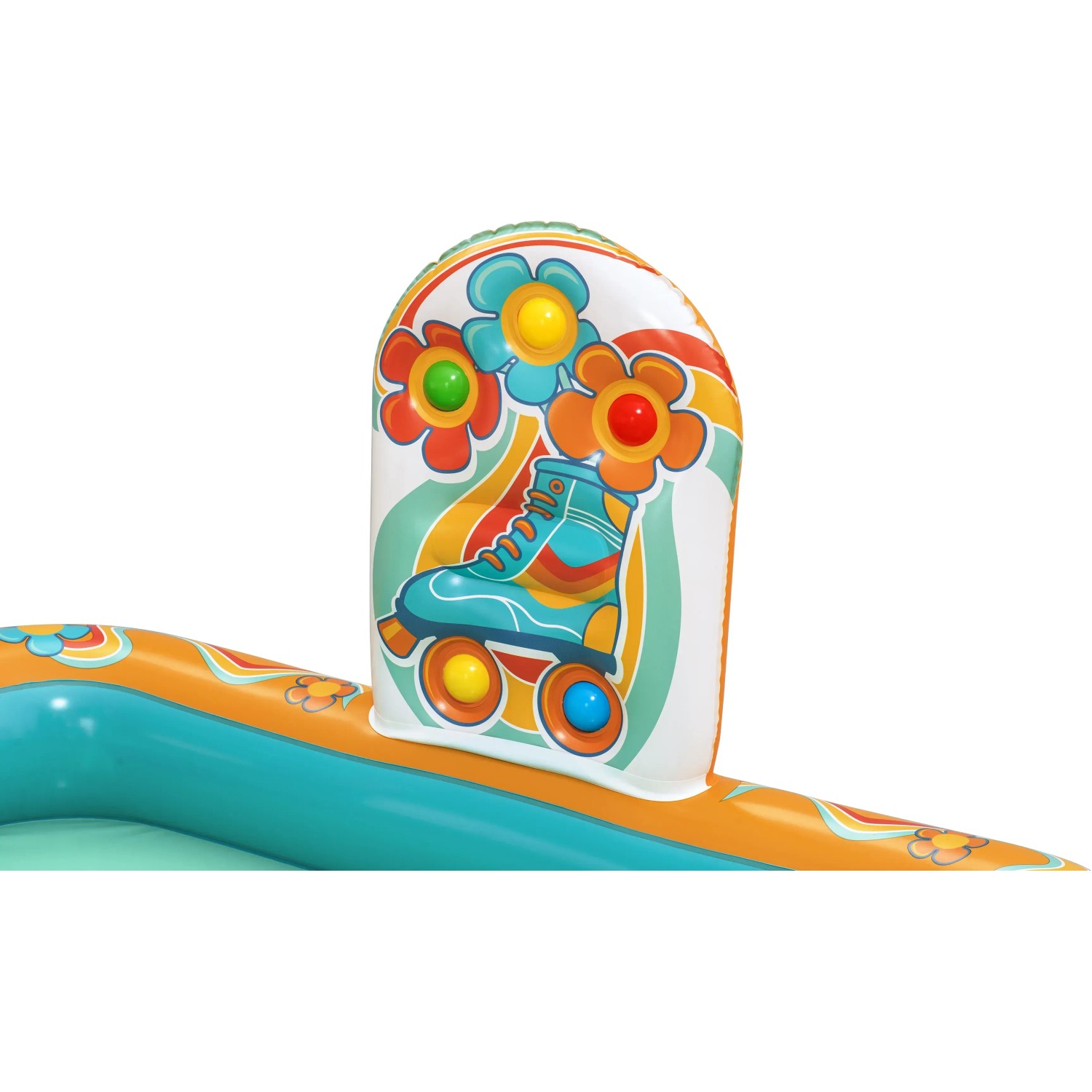 Bestway Wasserspielcenter Retro Welt mit Rollschuh- und Blumenmotiven.