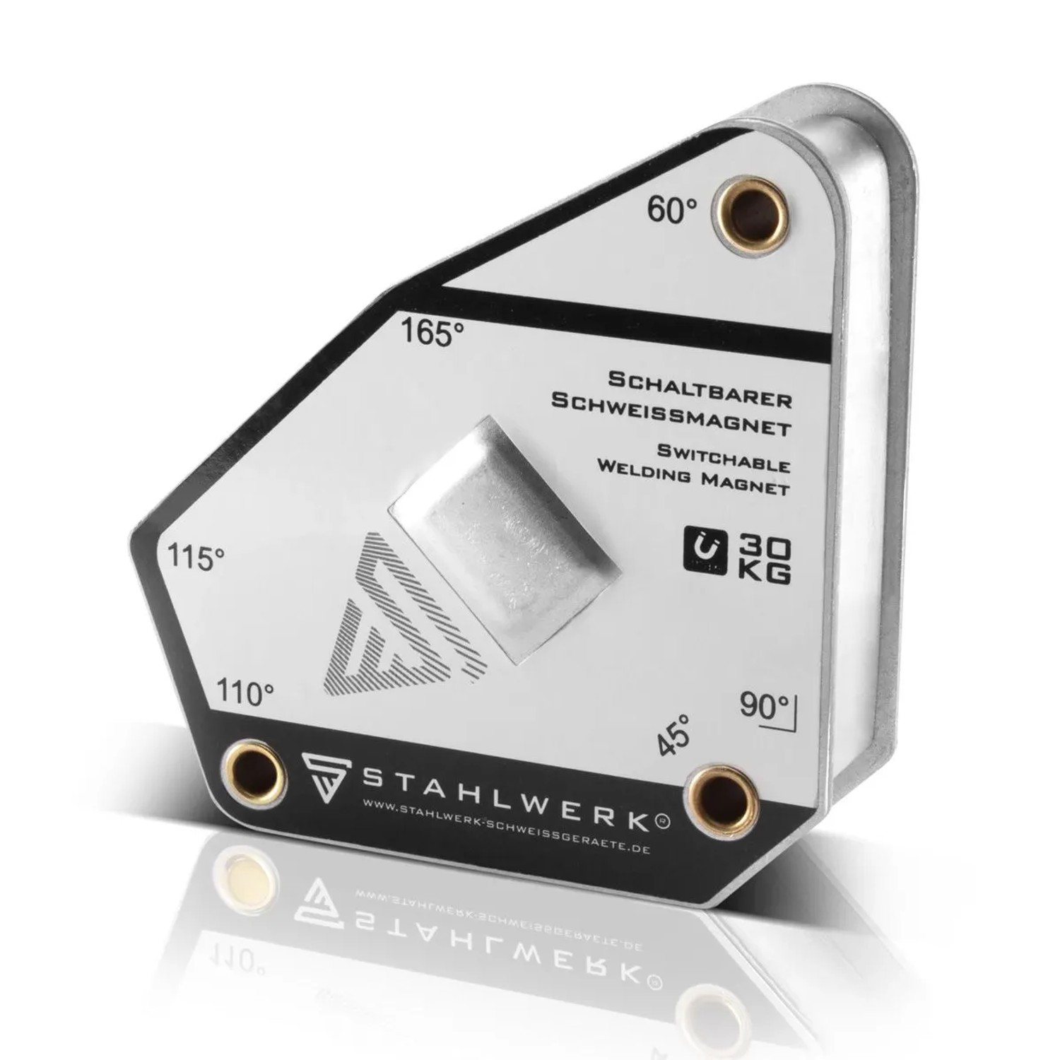 Schaltbarer STAHLWERK Magnet-Schweißwinkel, 30 kg Haltekraft, für Winkel 45°-165°. Metallisches Schweißzubehör.