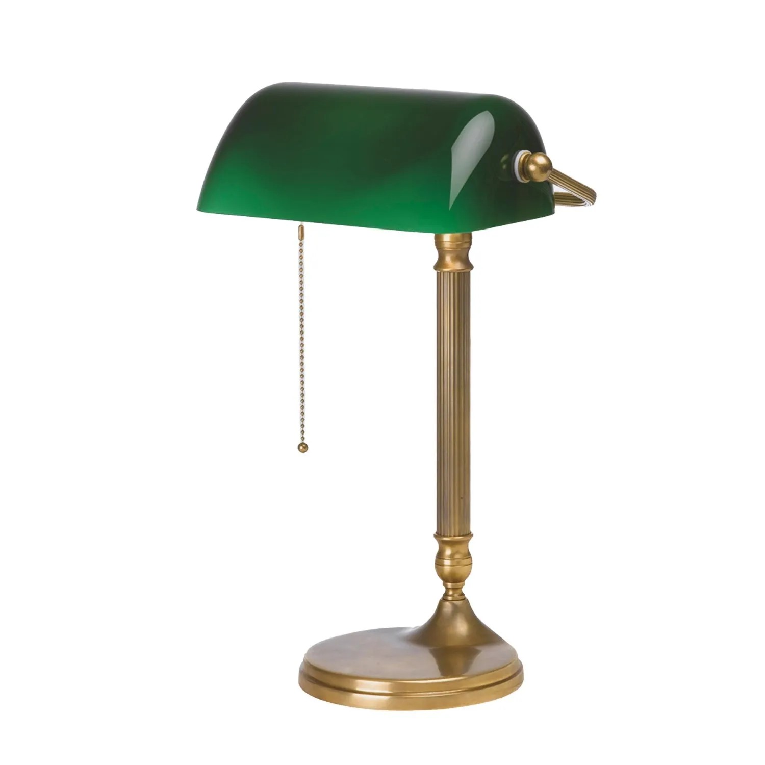 Licht-Erlebnisse Bankerlampe Zugschalter 42 cm Messing Glas E27 Grün