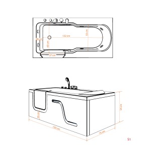 Skizze der AquaVapore Seniorenwanne mit Tür, 75x150cm, mit Maßen.