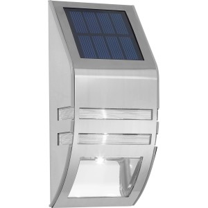LED-Solar-Wandleuchte aus Edelstahl mit Solarpanel und kaltweißem Licht.