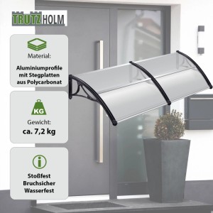 Schwarzes TRUTZHOLM Haustürvordach 97x295cm mit Hohlkammerplatte und Aluabschlussleiste.
