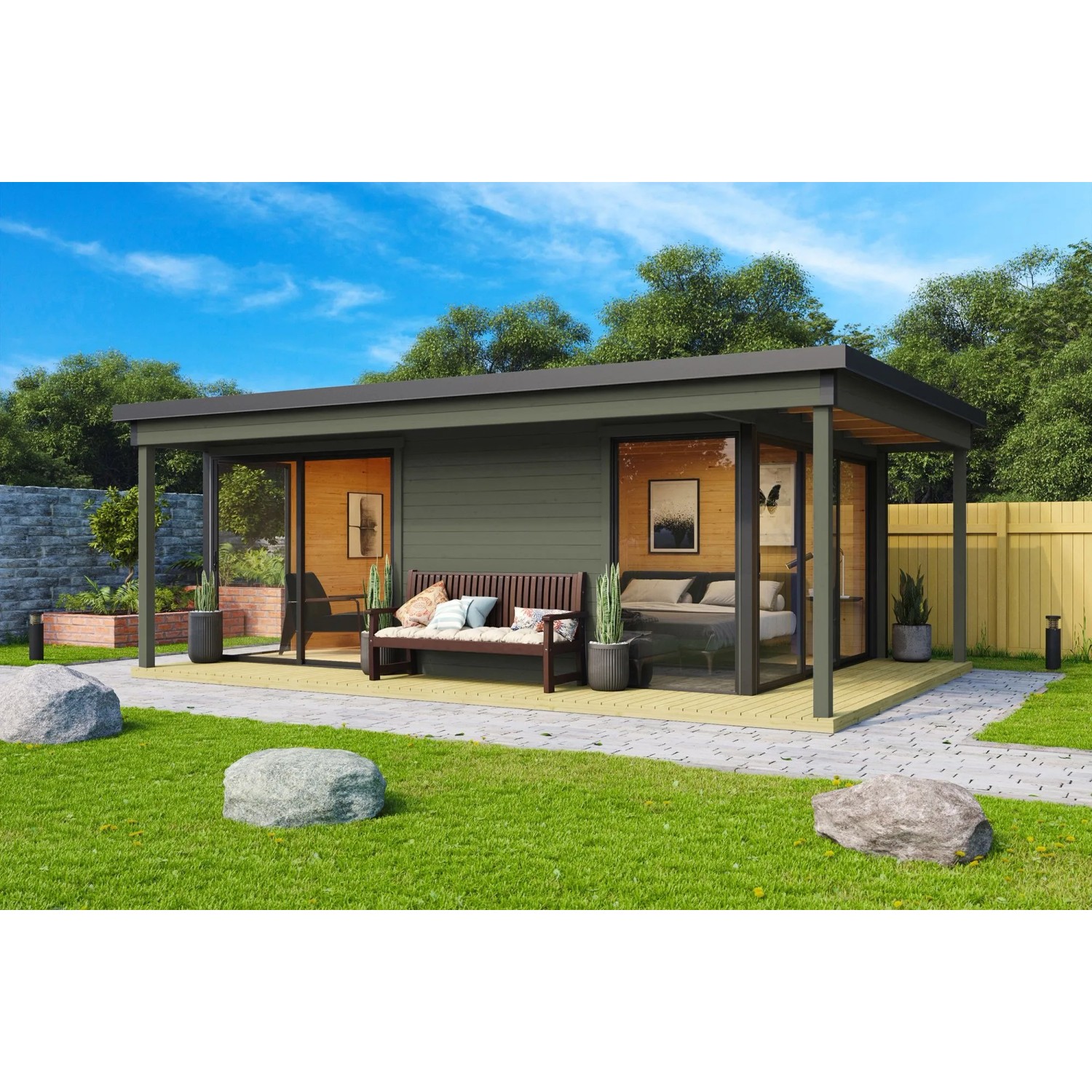 Lasita Holz-Gartenhaus Domeo 3 Loggia GRÜNGARU Flachdach Lasiert