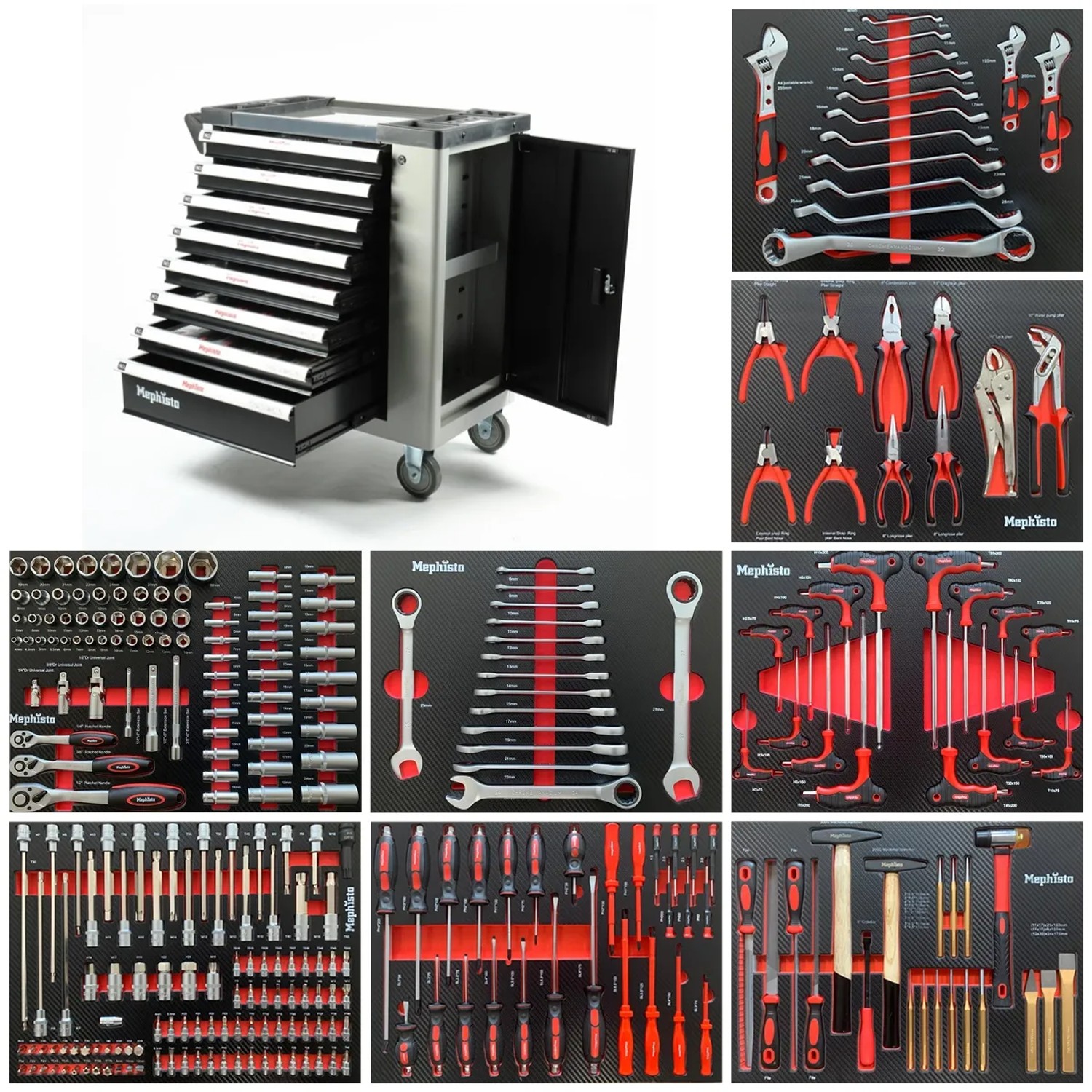 Mephisto Werkzeugwagen mit Werkzeug, 8 Schubladen, gefüllt mit Chrom-Vanadium-Werkzeug.
