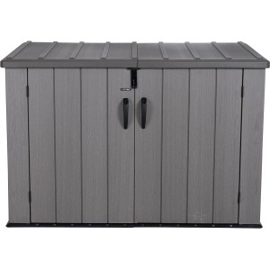Graue Lifetime Gerätebox aus Kunststoff, ideal als Mülltonnenbox oder zur Aufbewahrung im Garten.