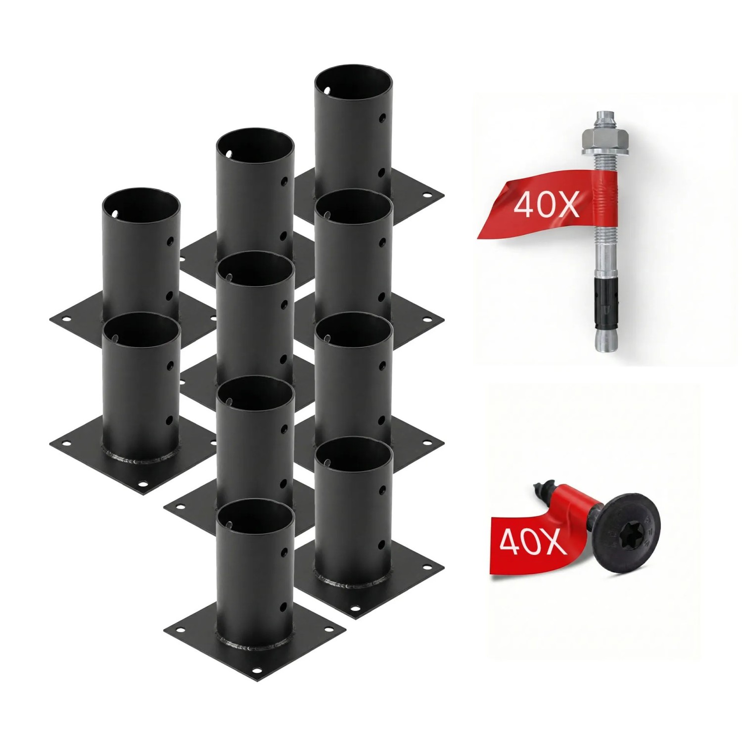 HOLLMAX 10 Stk. Aufschraubhülse/Pfostenträger 80 mm Komplettset Pulverbeschichtet Schwarz für Rundholzpfosten