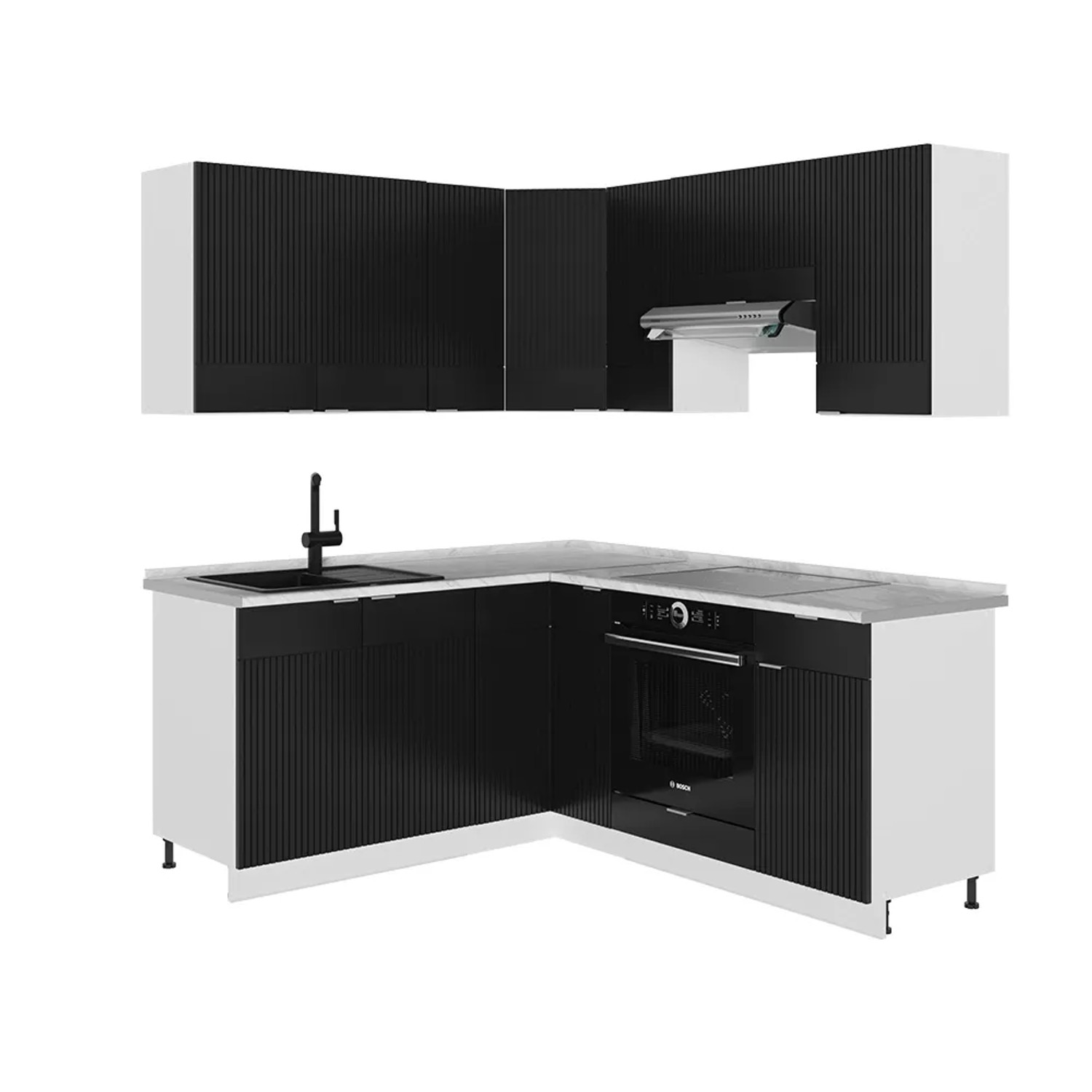Vicco Fame-Line Eckküche Schwarz gestreift/Weiß 160 x 190 cm AP Marmor ohne E-Geräte