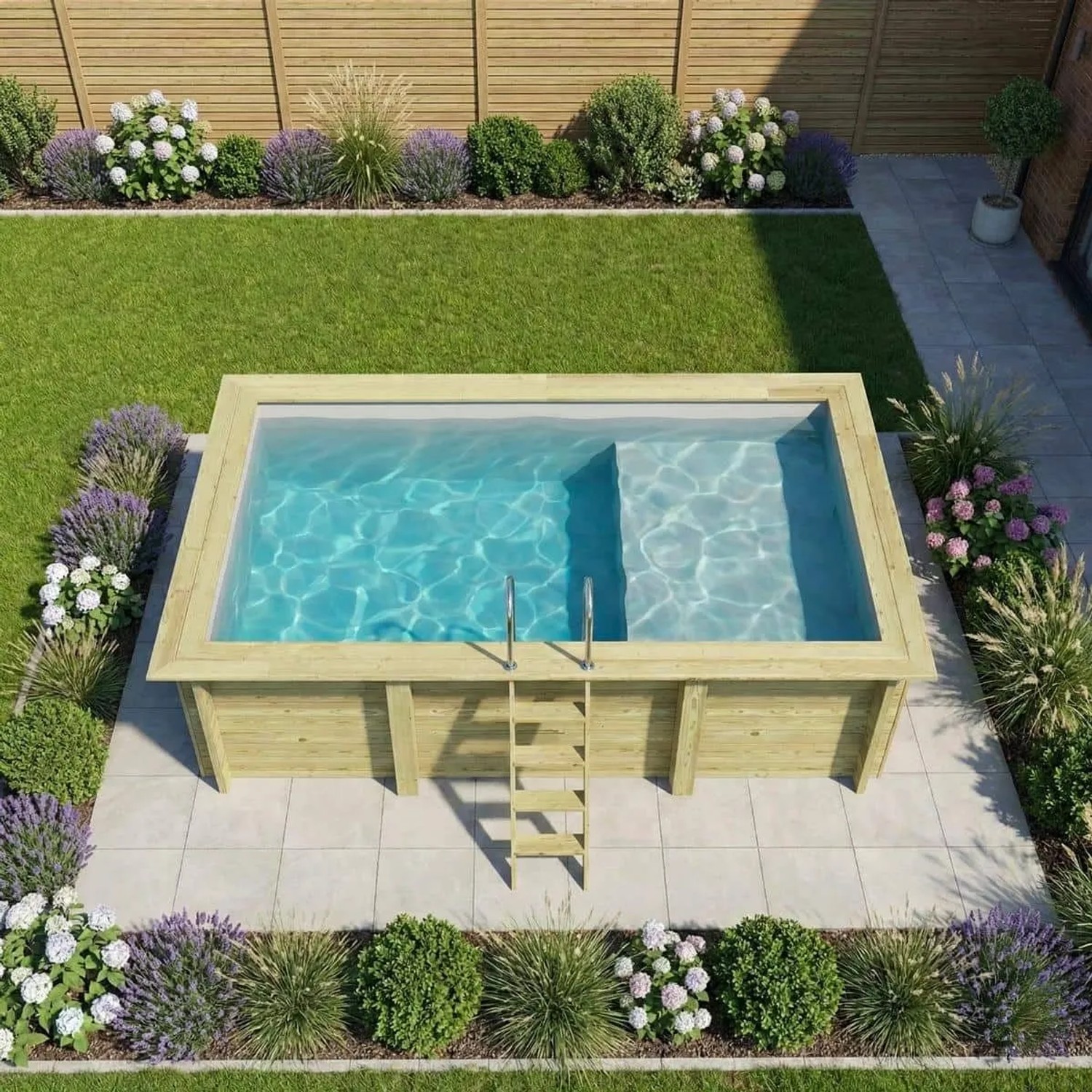 ALTANKA Holzpool Aqua 4,65x2,85 Höhe 1,24 m GRAU mit Liegefläche mit am Beton Verschraubten Stützen BAS7306OSPL2+PLA306_3