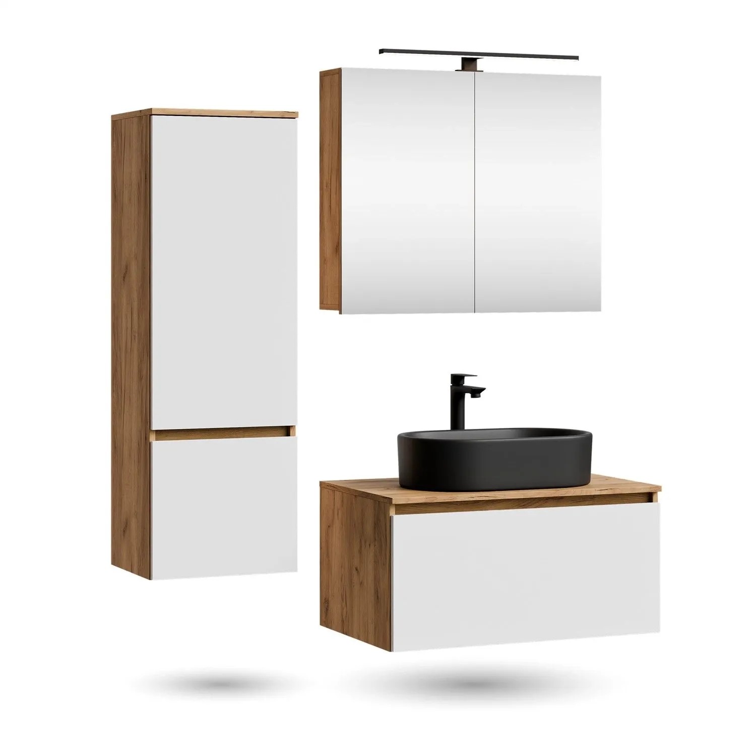 Planetmöbel ARISA Badmöbel Set 80 cm Weiß mit Hochschrank Spiegelschrank ARIA und Aufsatzwaschbecken Schwarz 55 cm