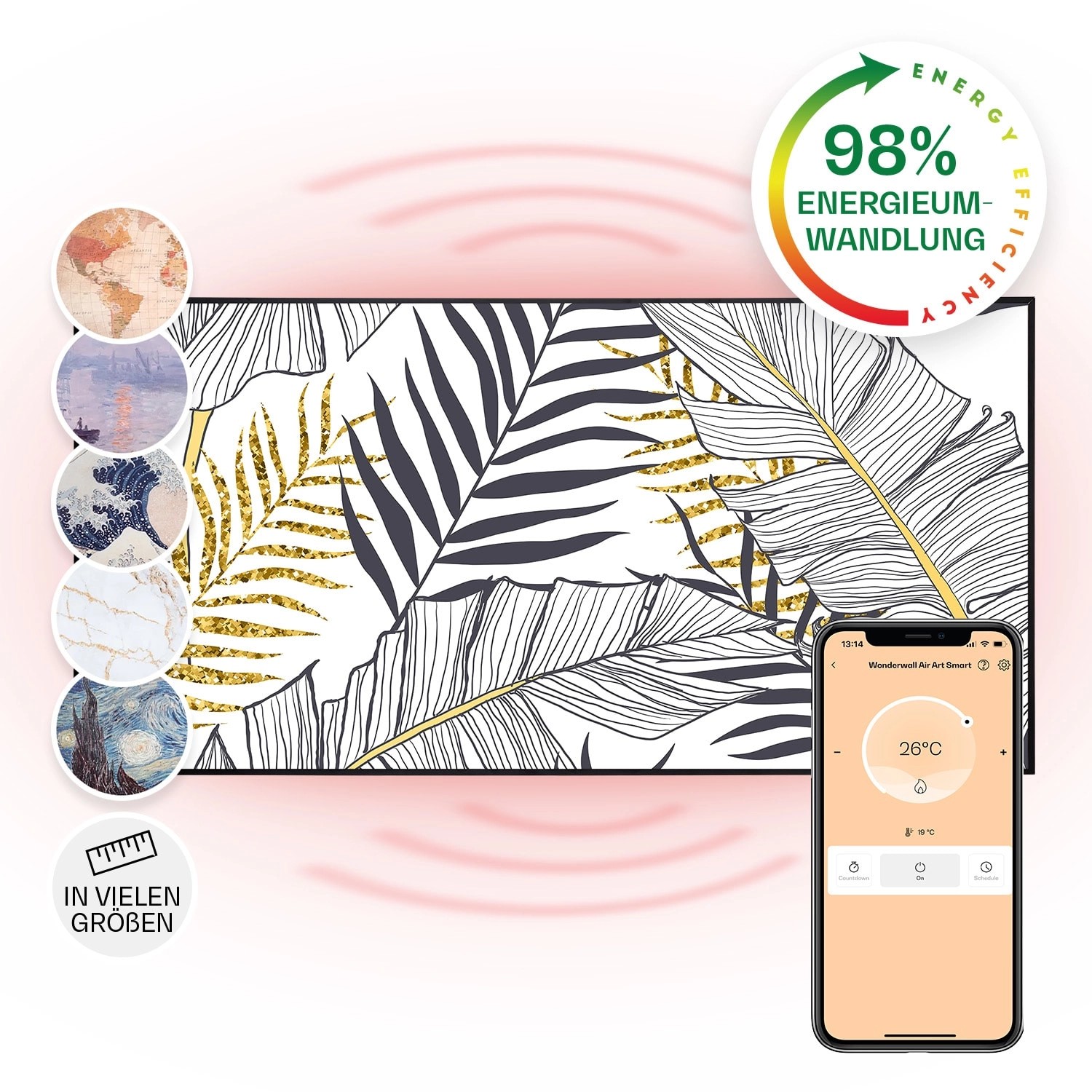 Klarstein Wonderwall Air Art Smart Infrarotheizung Wandinstallation App-Steuerung Motiv Blatt 120x60 cm 700 W Schwarz
