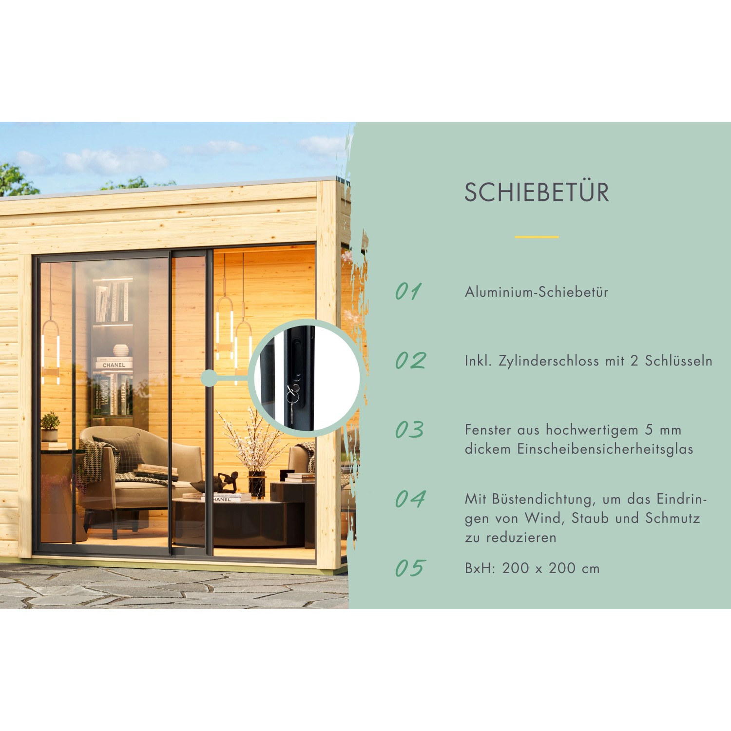 Karibu Gartenhaus Kubus 1: Detailansicht Schiebetür mit Schloss und Glasfenster.